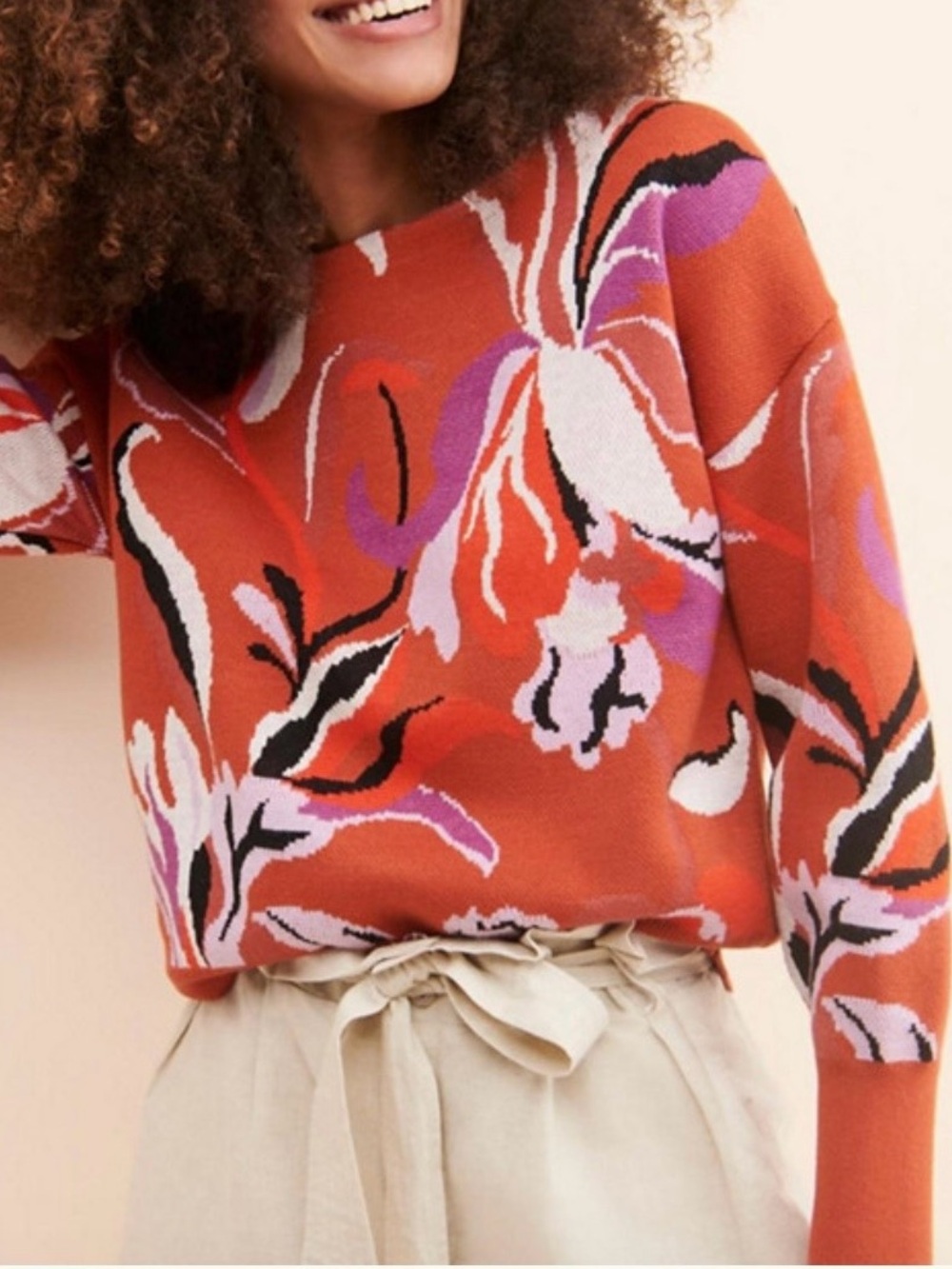 Anthropologie Mauve Boat Neck Orange Floral Sweater NWT